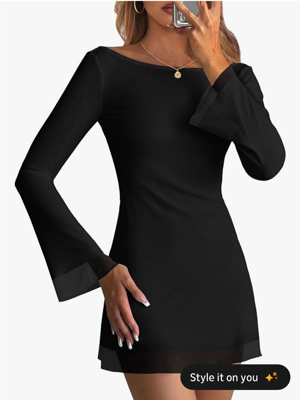 Black Off-Shoulder Long-Sleeve Mini Dress with Sheer Trim